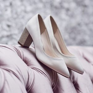 Rainbow Club Ivory Satin and Silver Glitter Block Heels, Size 8 US/ 6 UK bridal